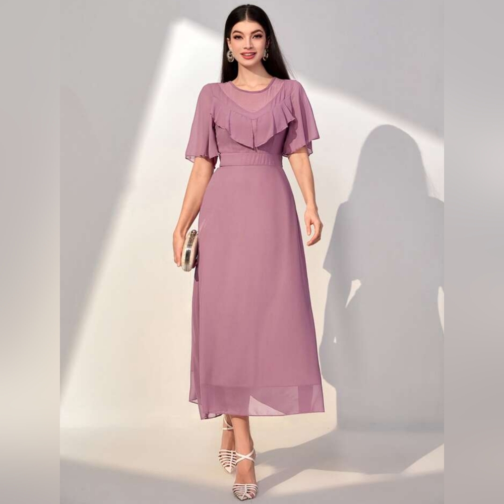 Shein Model Mauve Ruffle Trim Midi Dress Size L